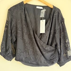 Lush Charcoal Lace Wrap Blouse